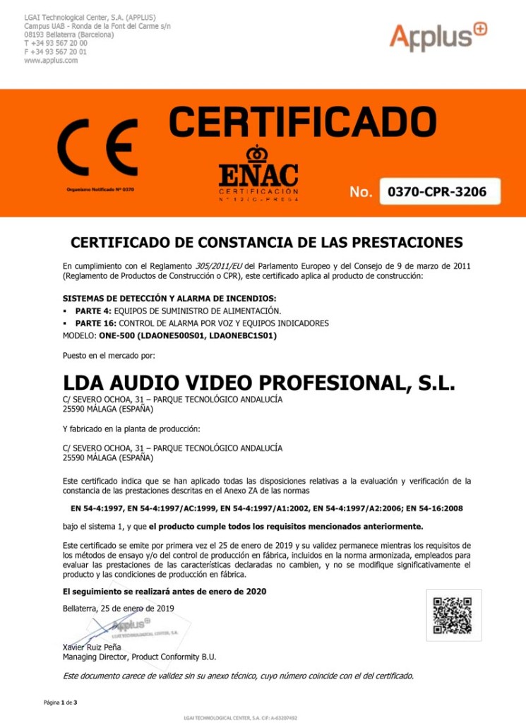 ONE_EN54_certificado Certificado EN 54-16 EN 54-4 ONE